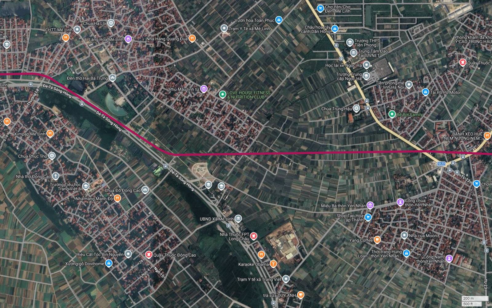 Bản đồ vệ tinh tuyến metro số 18 rời trục đê và duỗi thẳng qua vùng canh tác Tiền Phong