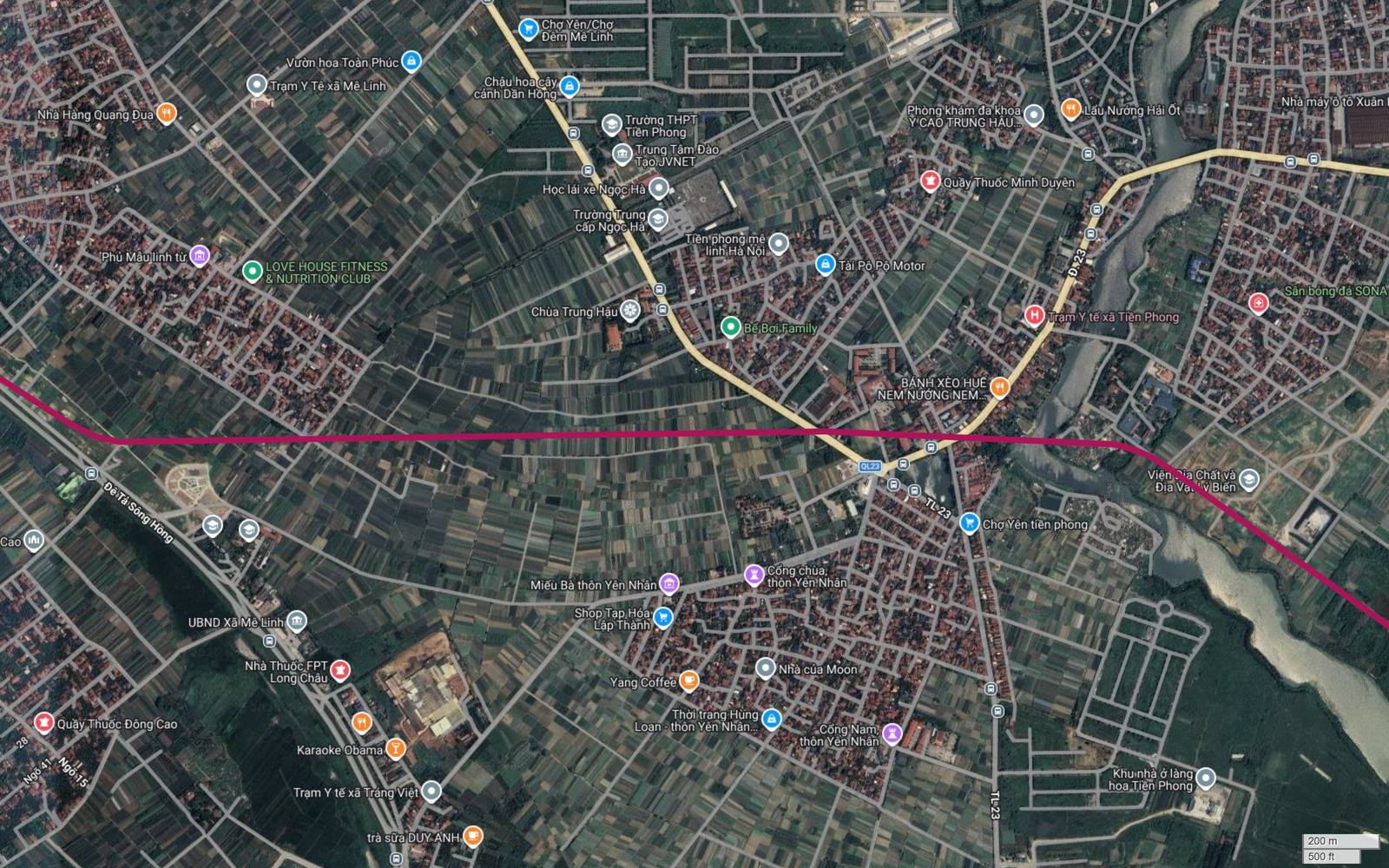 Bản đồ vệ tinh tuyến metro số 18 cắt Quốc lộ 23 và tỉnh lộ TL-23 tại Tiền Phong