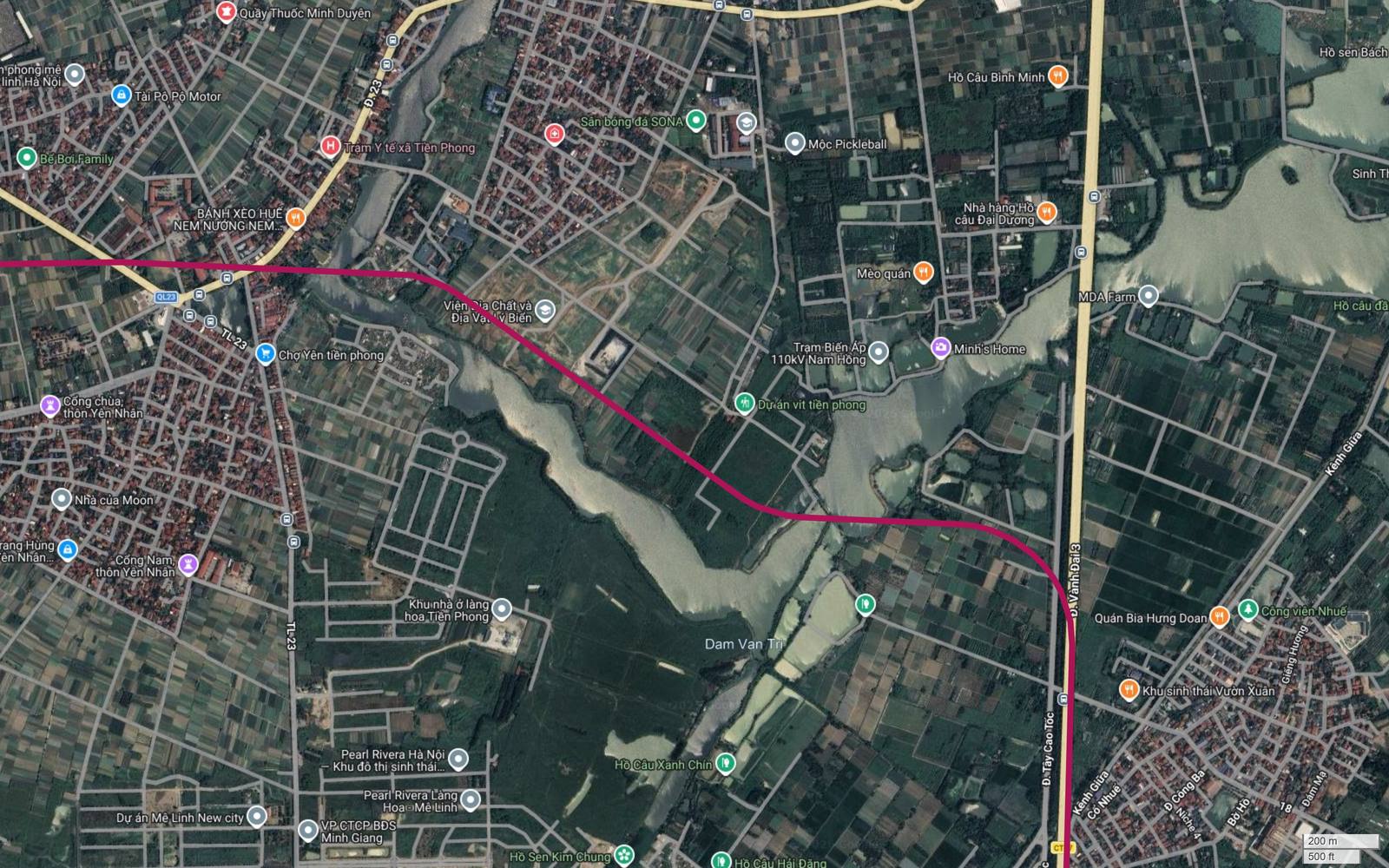 Bản đồ vệ tinh tuyến metro số 18 bẻ vuông góc tại trục cao tốc CT.07 bên bờ bắc Đầm Vân Trì