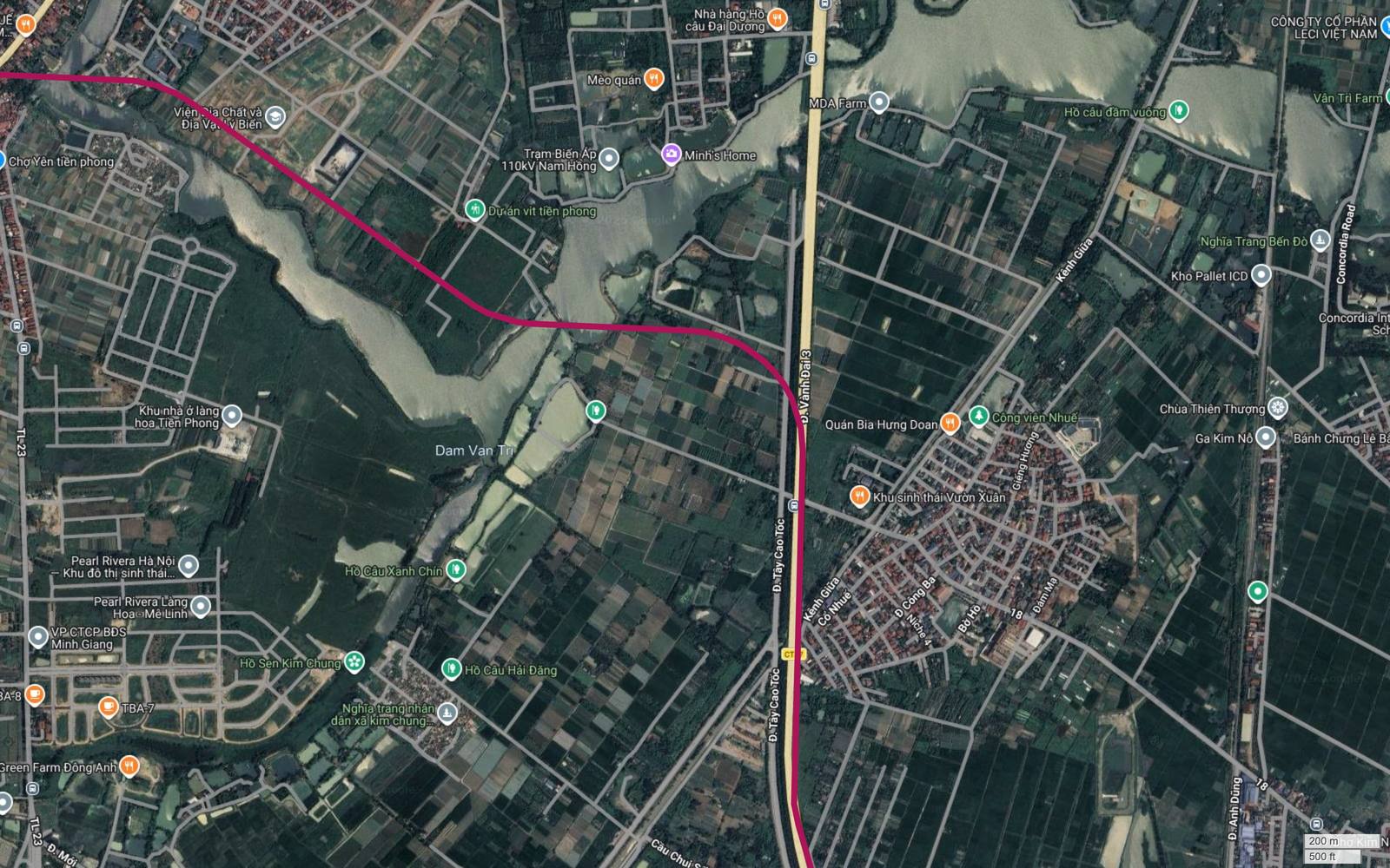 Bản đồ vệ tinh tuyến metro số 18 bám sườn đông trục Tây Cao Tốc, gần nhãn Ga Kim Nỗ