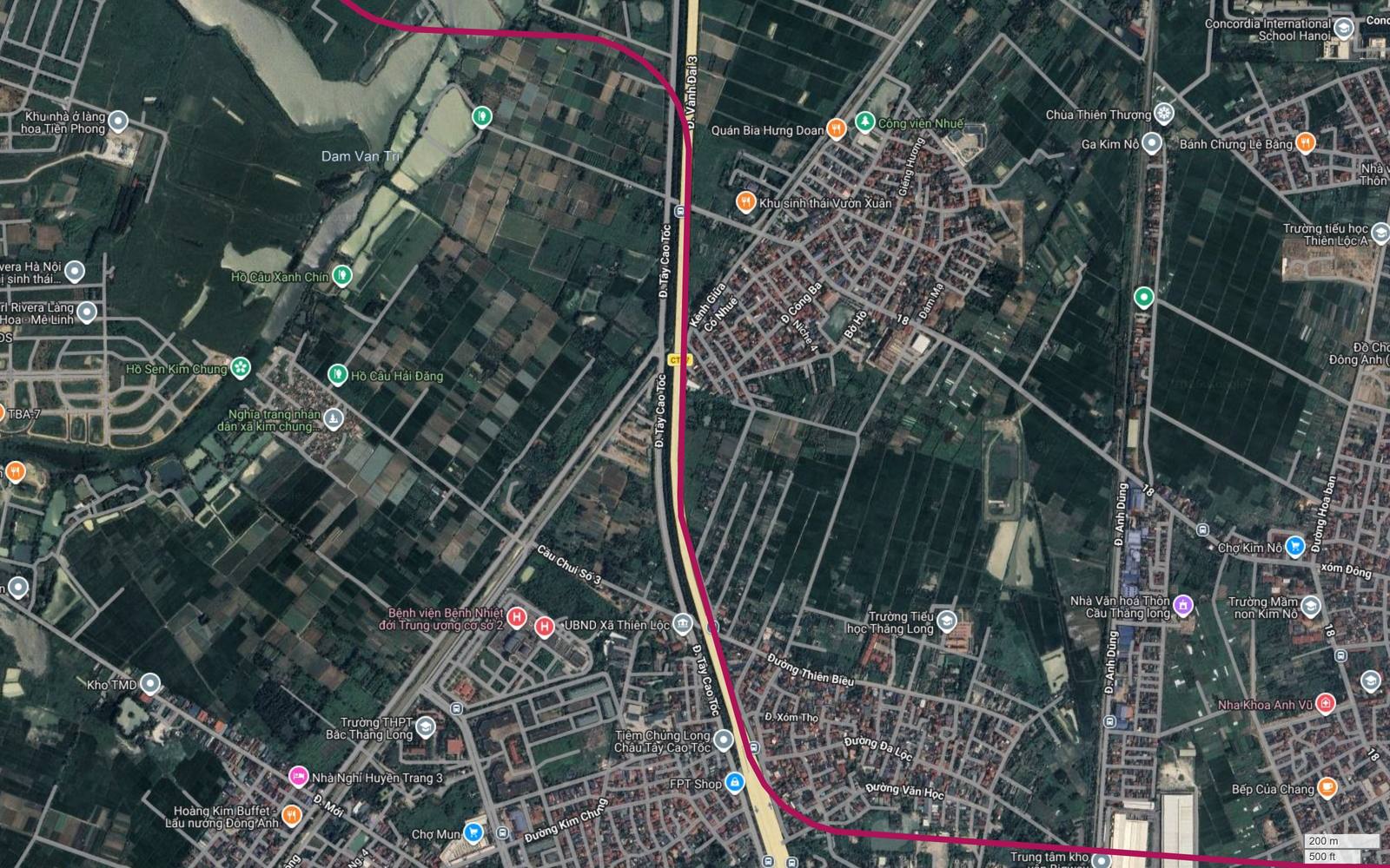 Bản đồ vệ tinh tuyến metro số 18 chạy thẳng theo phương nam dọc trục Tây Cao Tốc qua Kim Chung