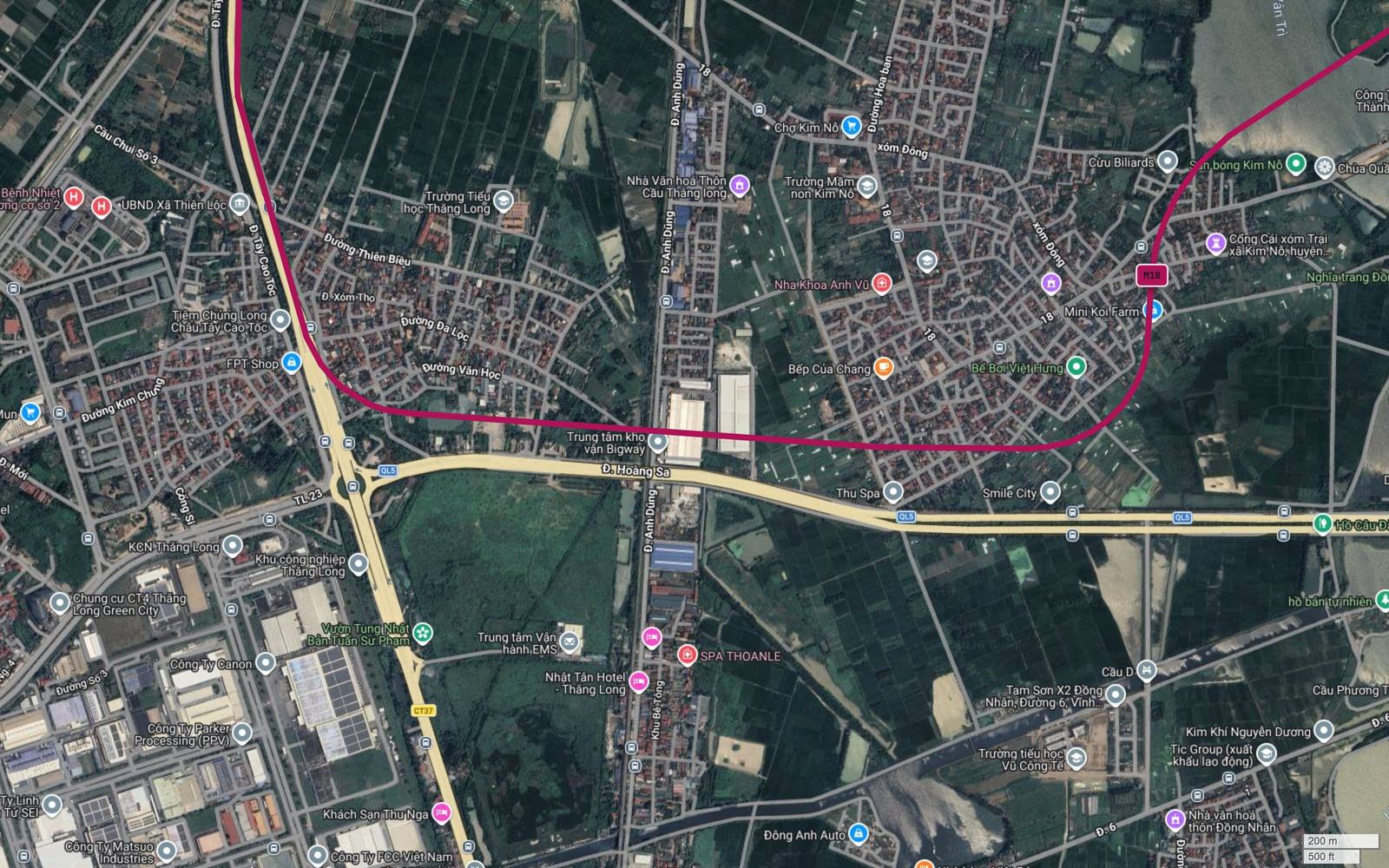 Bản đồ vệ tinh có nhãn M18 hiện trên nền khu dân cư Kim Nỗ, tuyến metro số 18 Hà Nội