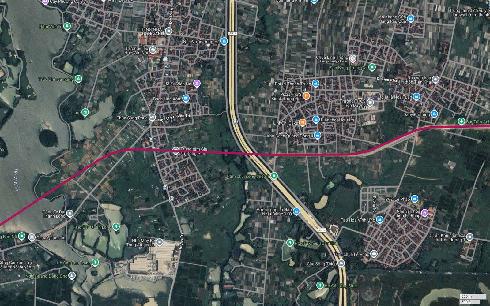 Bản đồ vệ tinh tuyến metro số 18 cắt trục cao tốc AH14 tại Tiên Dương cạnh Cầu Sông Thiếp