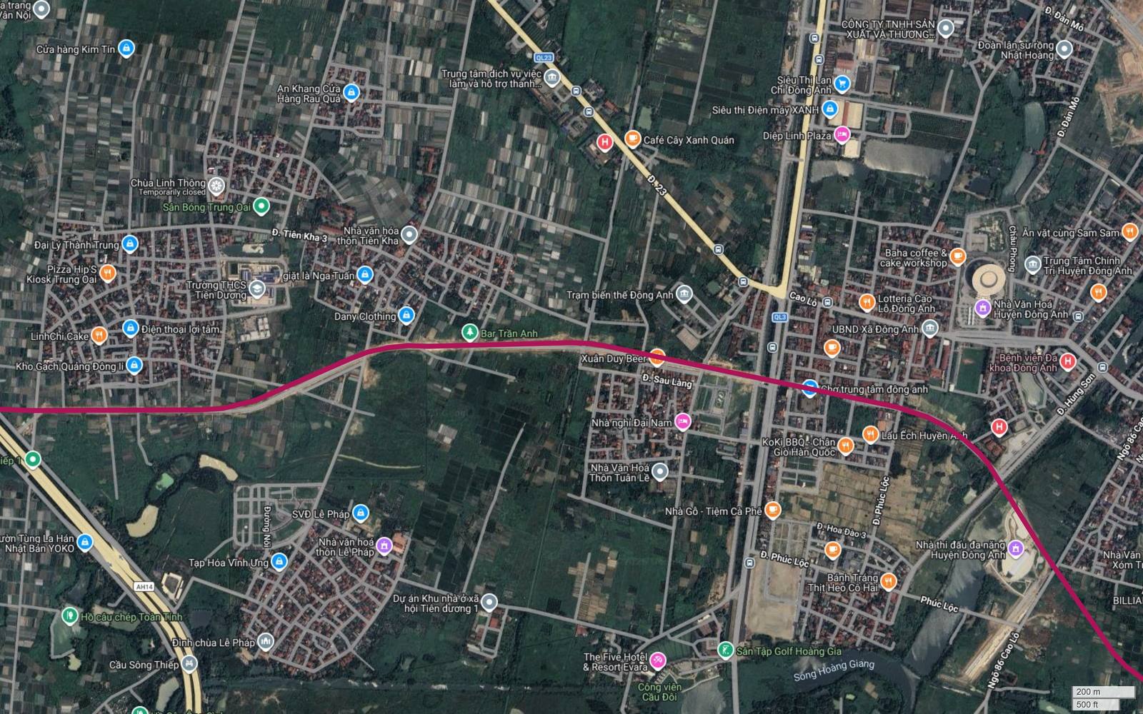 Bản đồ vệ tinh tuyến metro số 18 cắt Quốc lộ 3 trục Cao Lỗ tại trung tâm Đông Anh