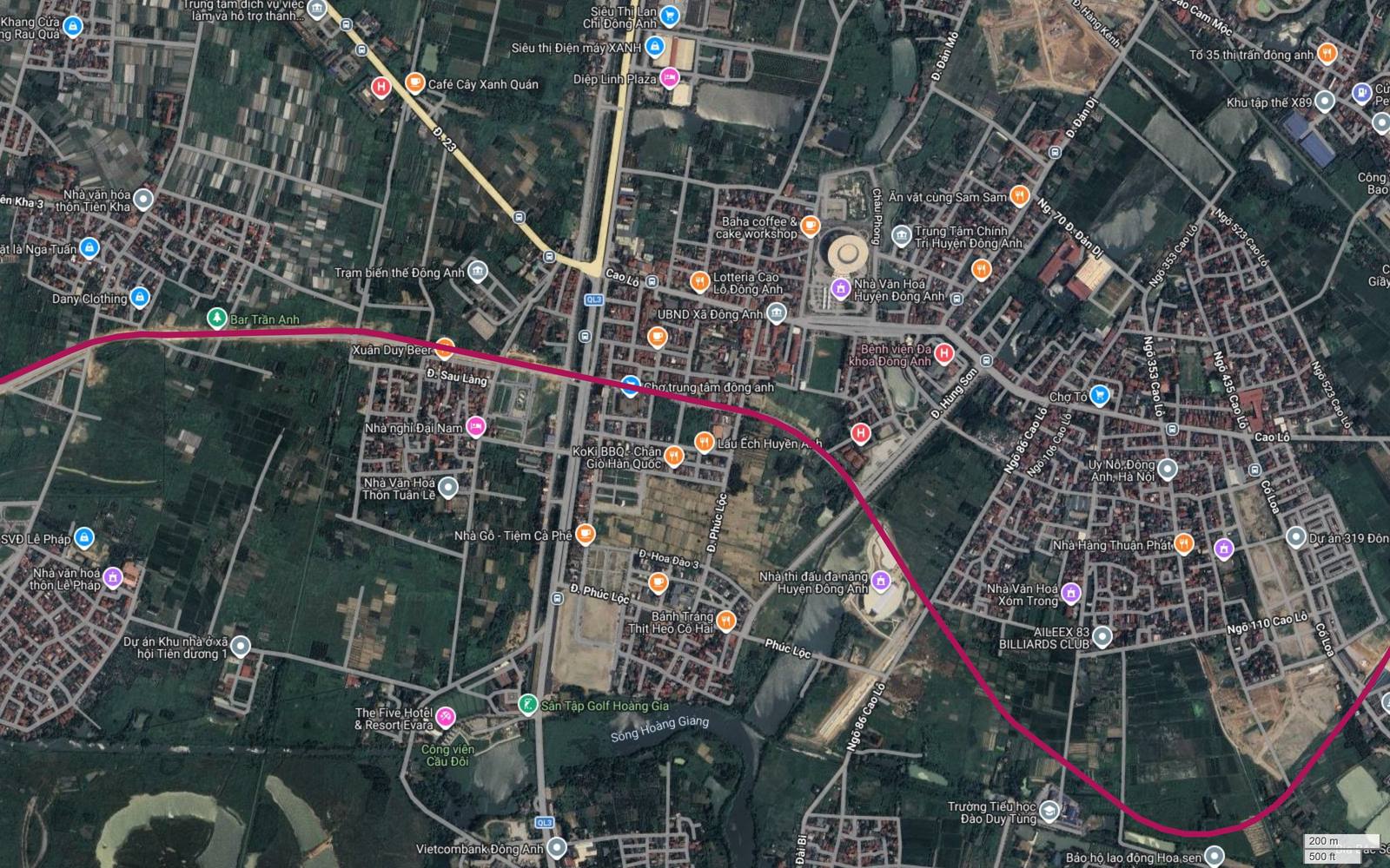 Bản đồ vệ tinh tuyến metro số 18 cắt chéo lõi thị trấn Đông Anh và bẻ dốc xuống hướng nam