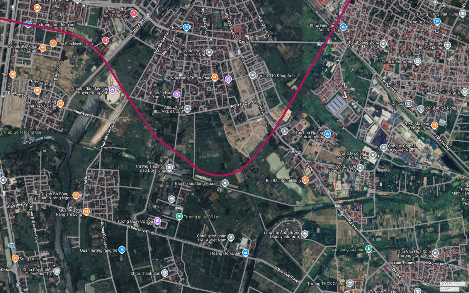 Bản đồ vệ tinh tuyến metro số 18 ngóc lên đông bắc, nhãn Ga Cổ Loa của đường sắt quốc gia ở bên phải
