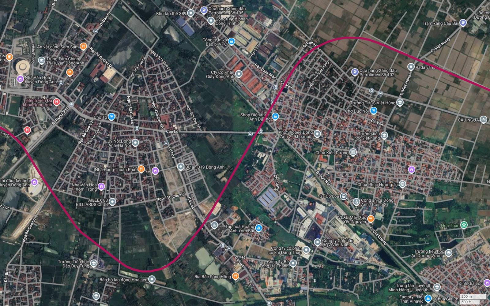Bản đồ vệ tinh tuyến metro số 18 vắt qua dải nhà xưởng Đào Cam Mộc giữa Đông Anh và Việt Hùng